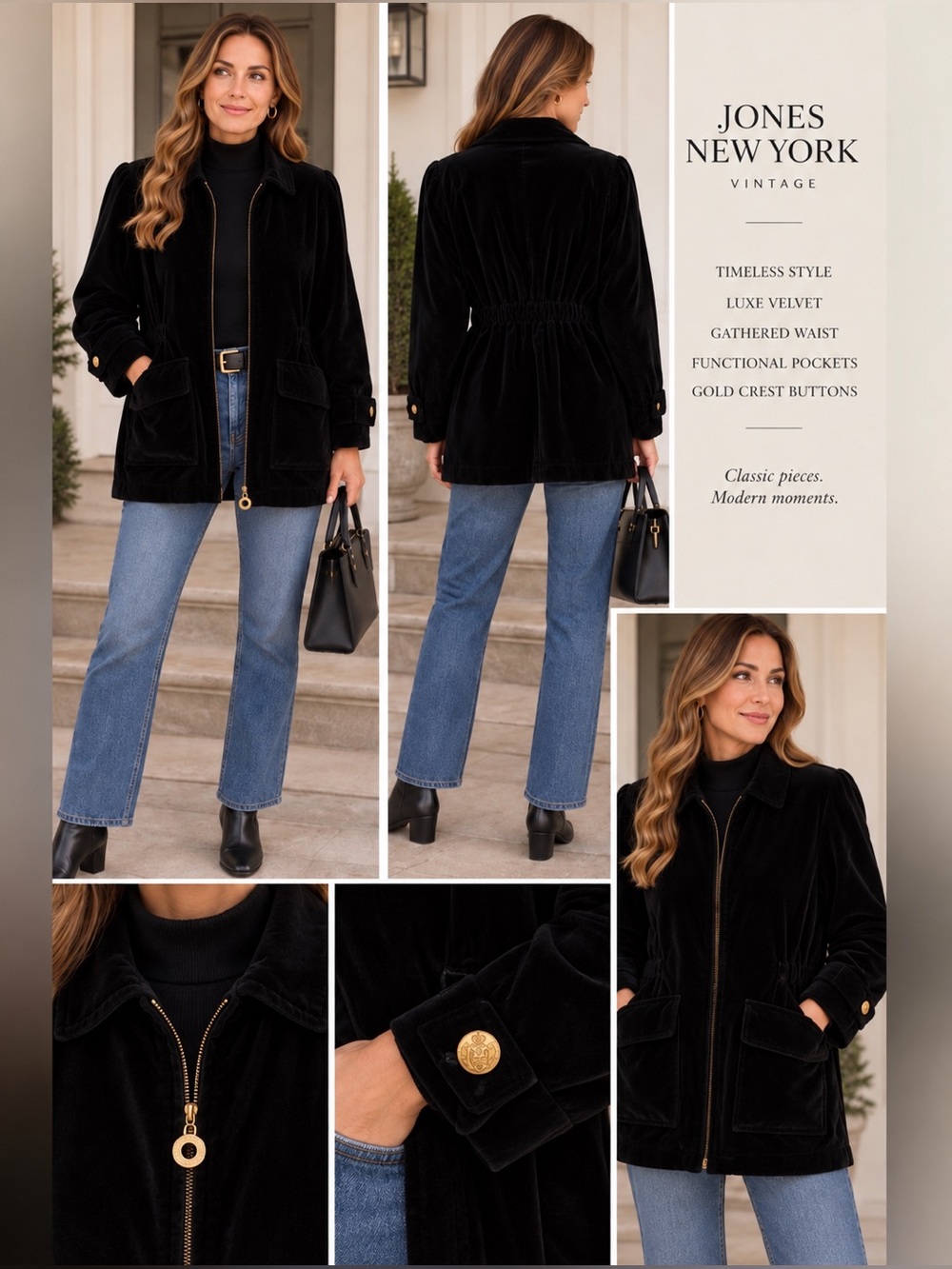 Vintage Jones New York Women's Black velvet Jacket - Classic Zip Front Coat